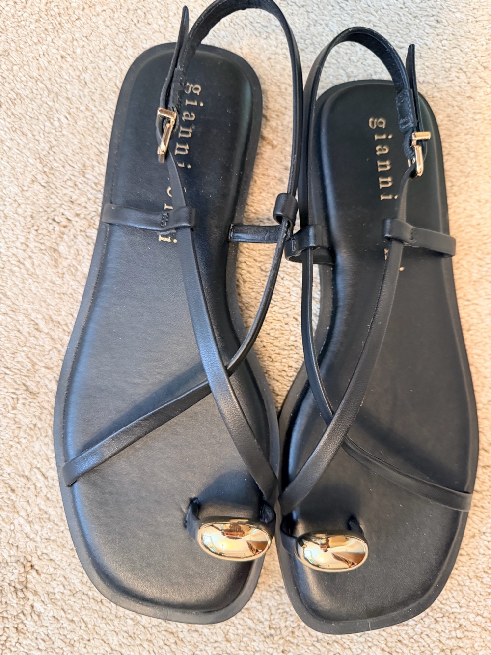 Ganni Black Leather Toe-Ring Slingback Sandals with Gold Accent